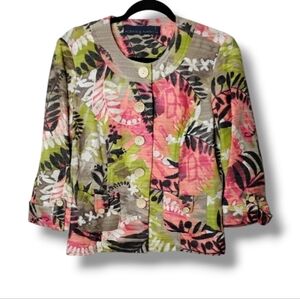 Alexis & Avery Tropical Leaf  Blazer Jacket Roll-Cuff Cotton Linen Size 6